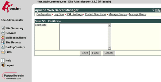InstantSSL Certificate Installation: Ensim