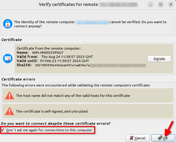 Thincast RDP certificates verify