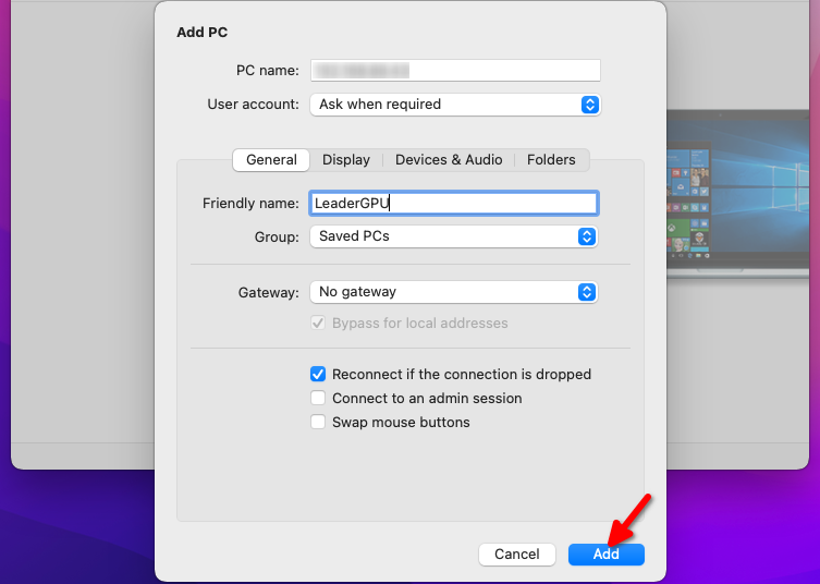 macOS new RDP connection