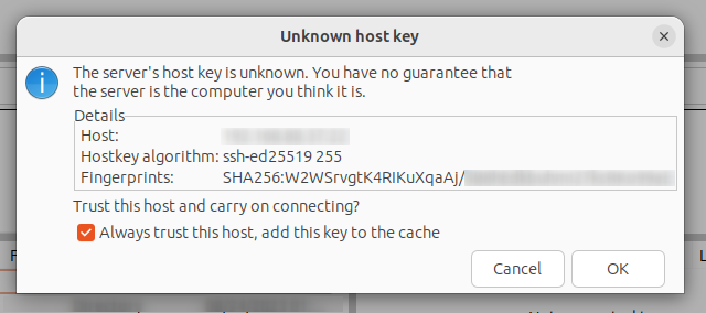 FileZilla unknown host key