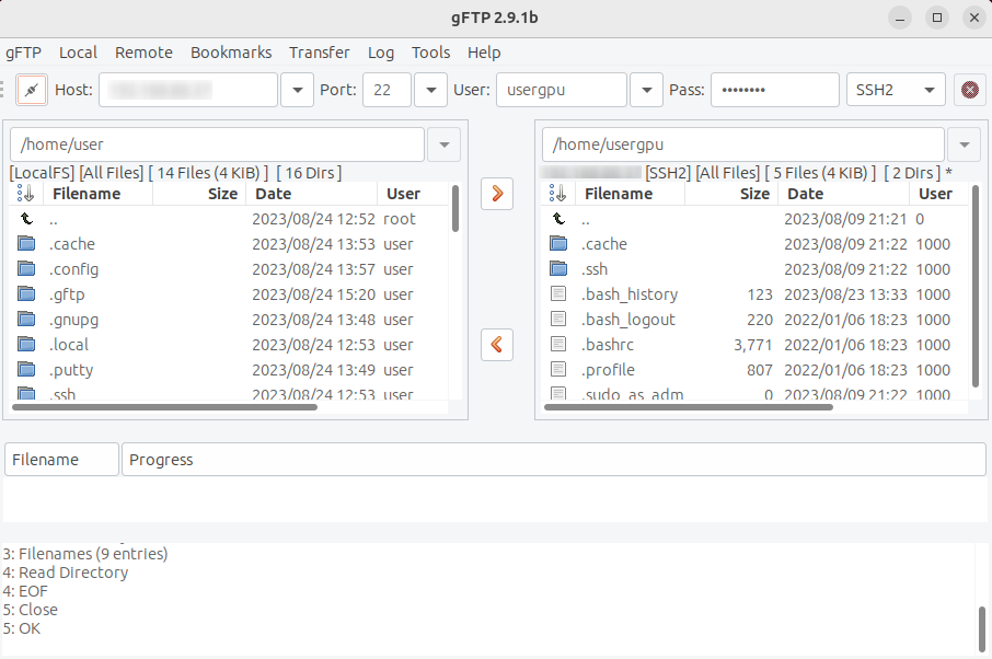 gFTP verbinding voltooid