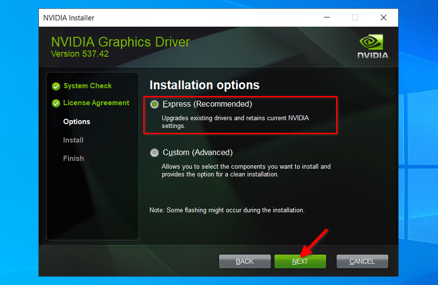 Instalación express del controlador Nvidia de Windows