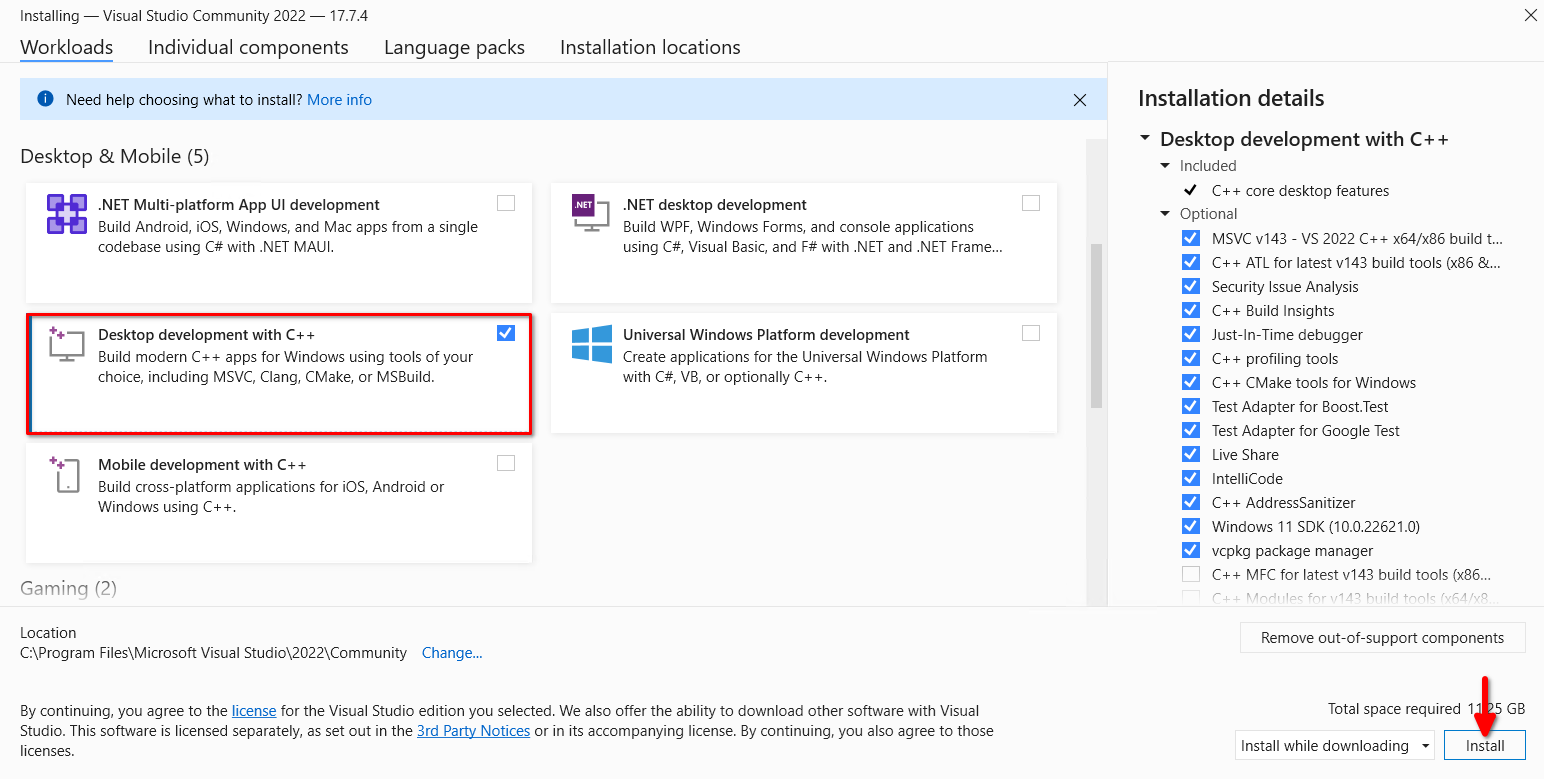 Visual Studio select components