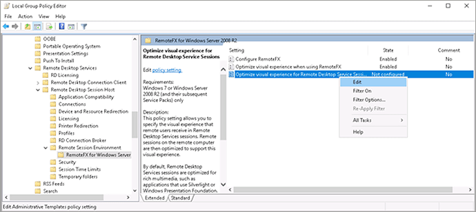 Editar optimización de la experiencia visual para las sesiones de RDP