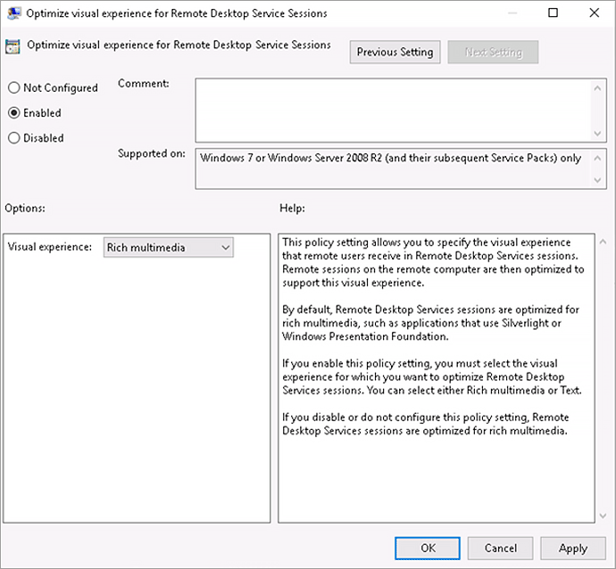 Habilitar optimización de la experiencia visual para las sesiones de RDP