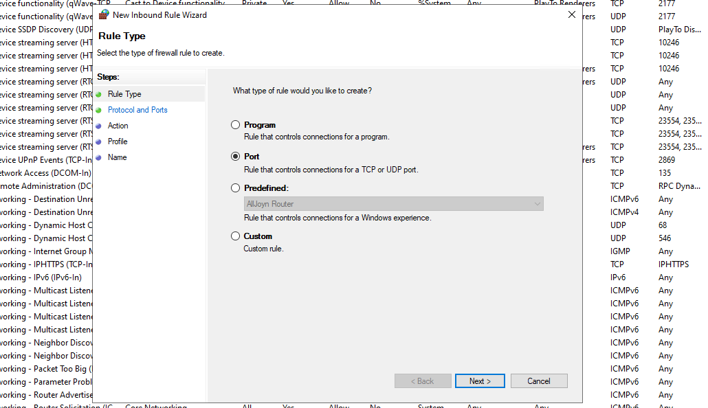 New Rule Select Port