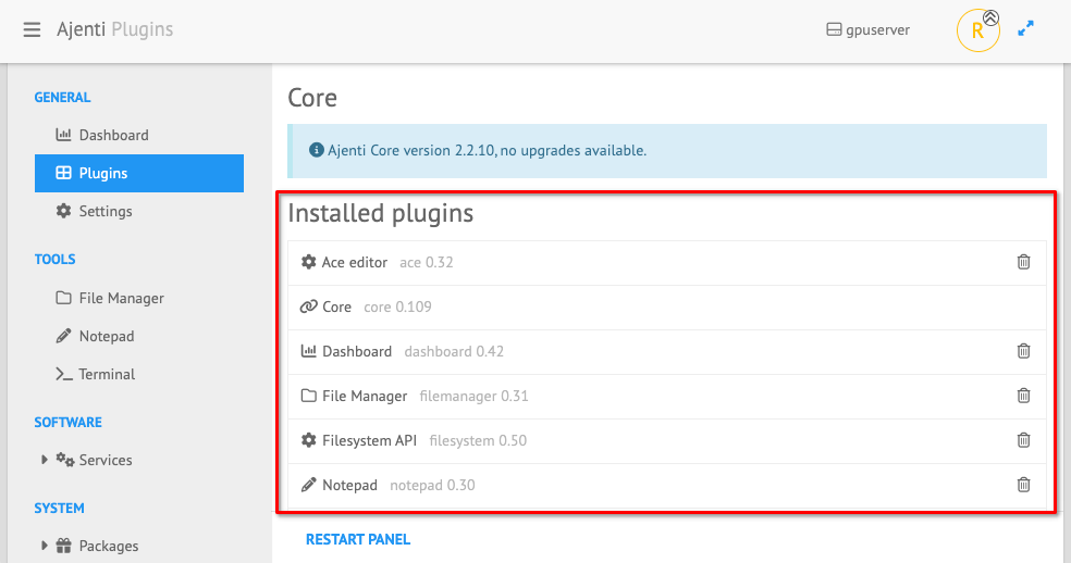 Ajenti installed plugins