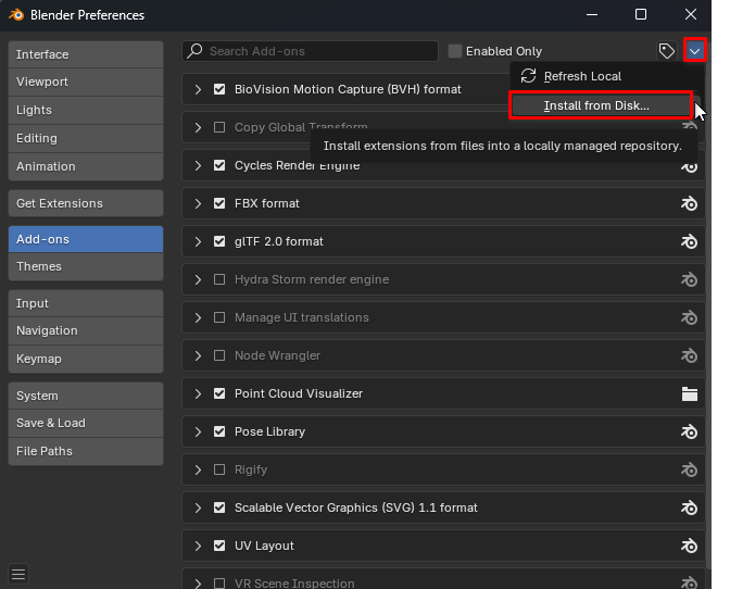 Blender install addons